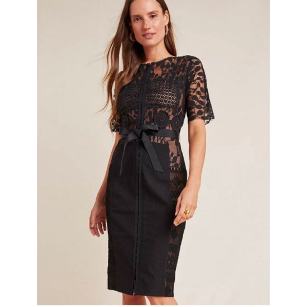 Byron Lars Black Lace Ribbon-Waist Midi Dress